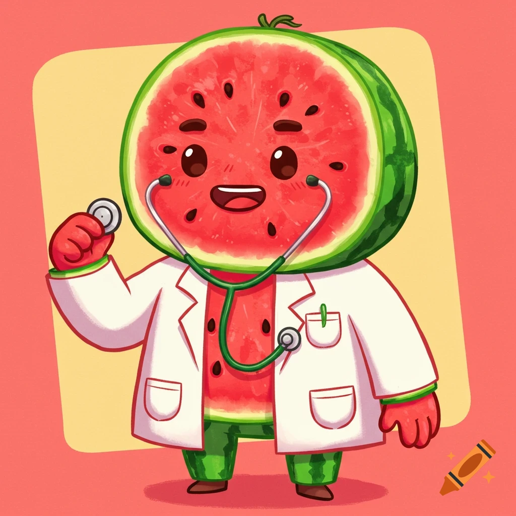 A cute cartoon watermelon character wearing a white doctor's coat and holding a stethoscope.