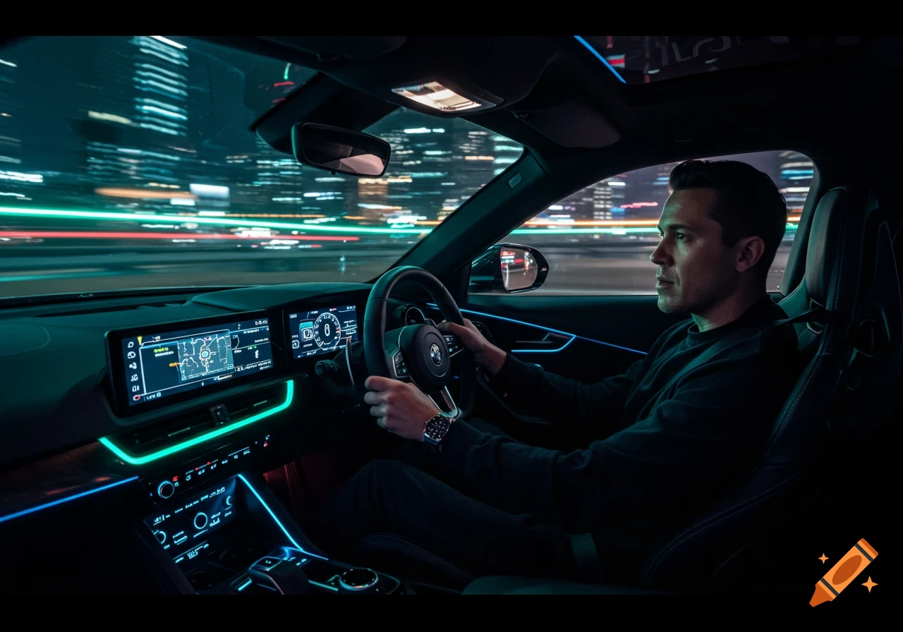 A man drives a modern car at night, with illuminated dashboard screens and ambient lights. Blurred city lights are visible through the windshield.