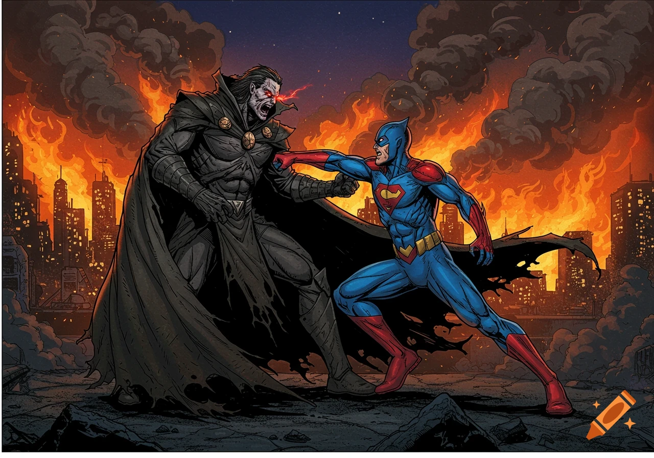 Comic art of a superhero in blue and red punching a vampire-like villain against a burning city background at night.