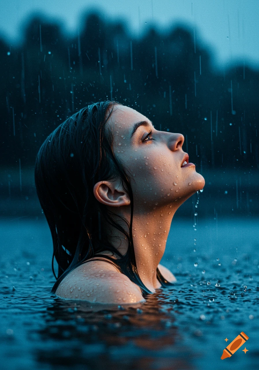 Close-up photorealistic portrait of a woman looking up, standing in water under rainfall, with wet hair and droplets on her face.