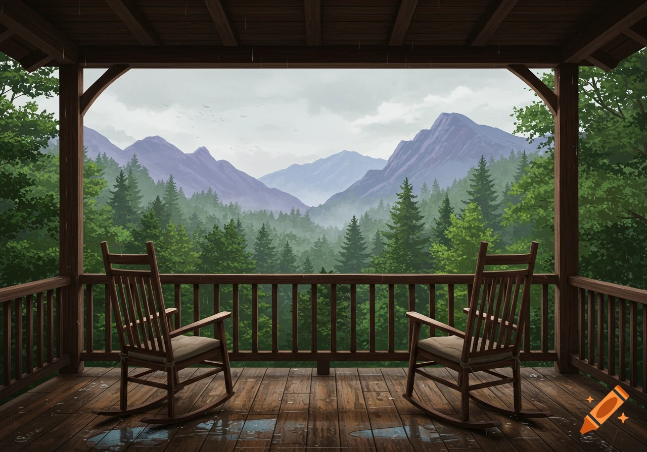 View from a wooden porch with two rocking chairs overlooking a forest and misty mountains on a rainy day.