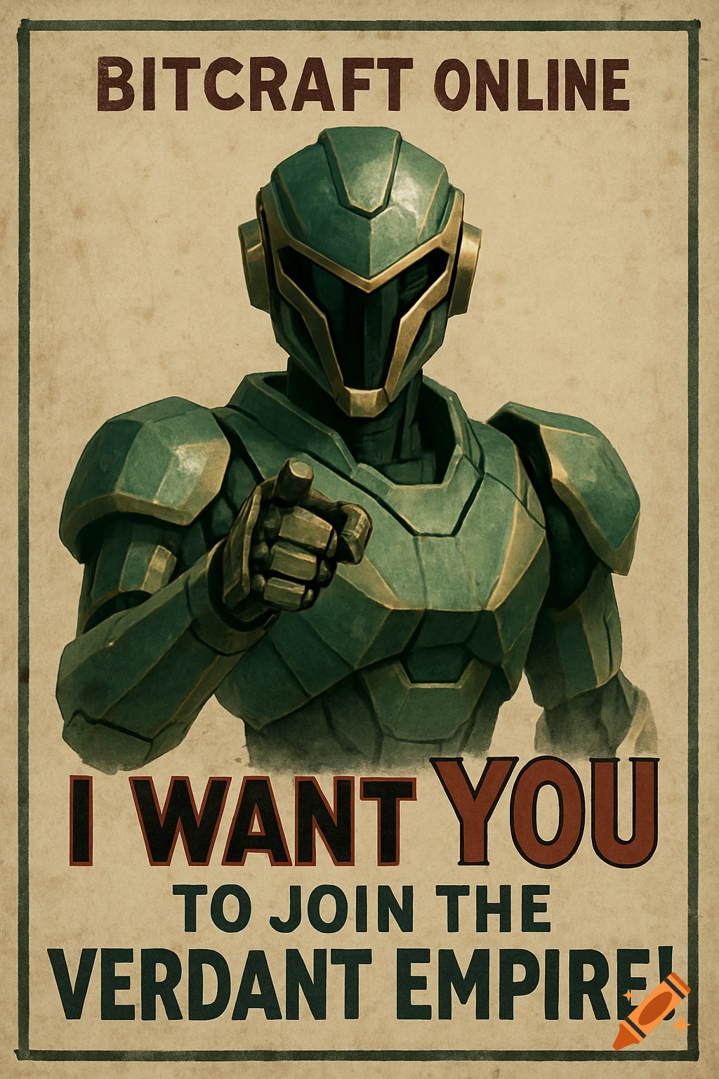 A vintage-style propaganda poster with a green and gold robot pointing, urging viewers to join the Verdant Empire for Bitcraft Online.