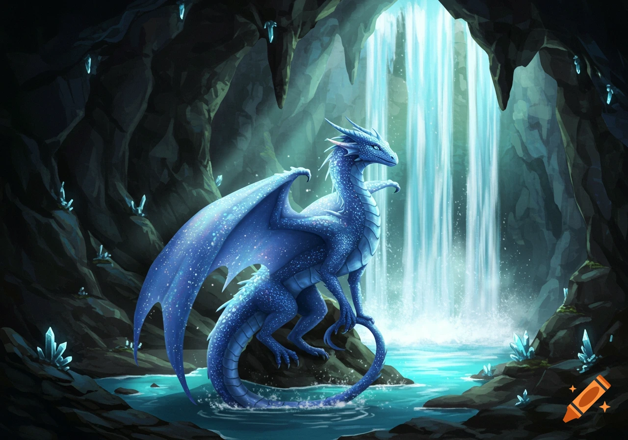 A blue glittery dragon stands on a rock in a dark cave with a bright waterfall and glowing blue crystals.