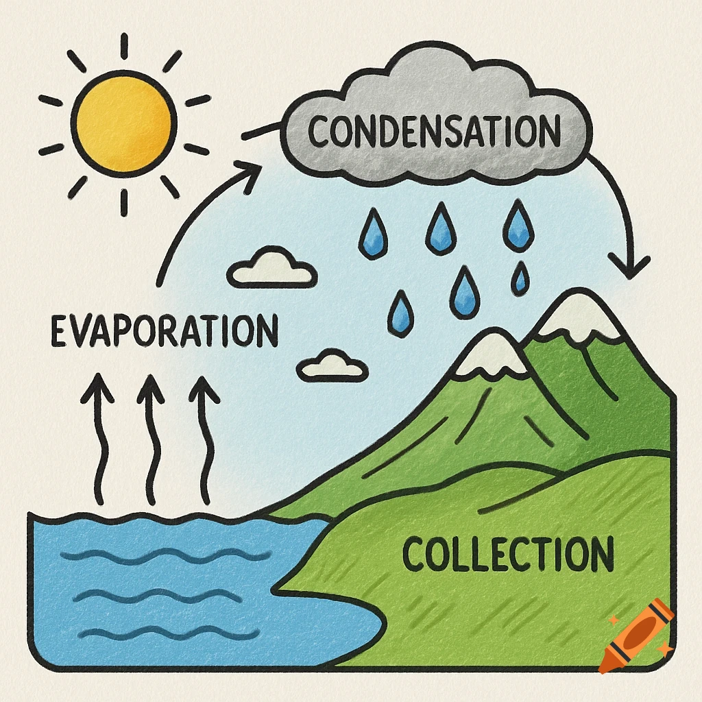 A simple hand-drawn diagram illustrating the water cycle with labels for evaporation, condensation, and collection, featuring a sun, clouds, rain, mountains, and a body of water.