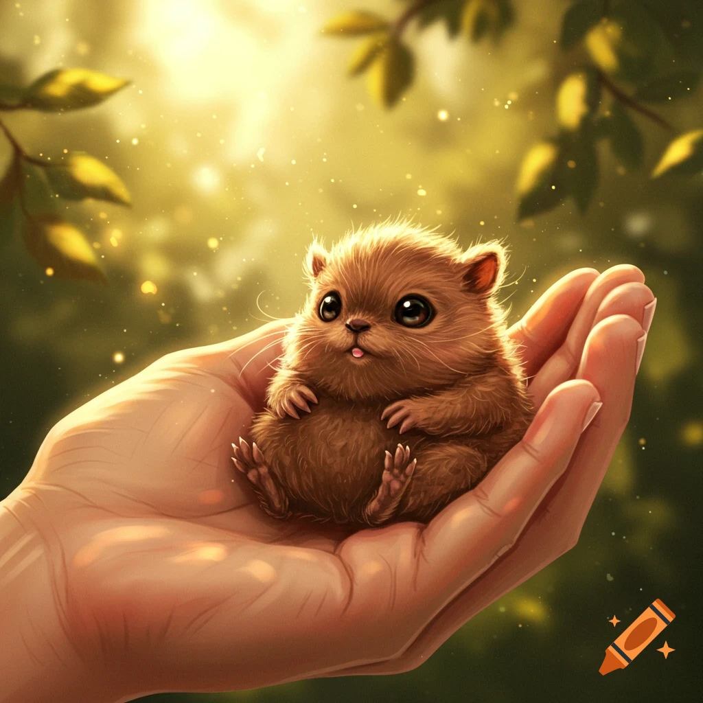 A cute, fuzzy brown creature with big eyes and a tiny tongue sits in the palm of a hand under golden sunlight in a soft, magical forest.