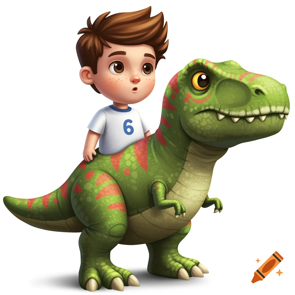 A cute cartoon boy with freckles rides on the back of a friendly green Tyrannosaurus Rex with orange spots.