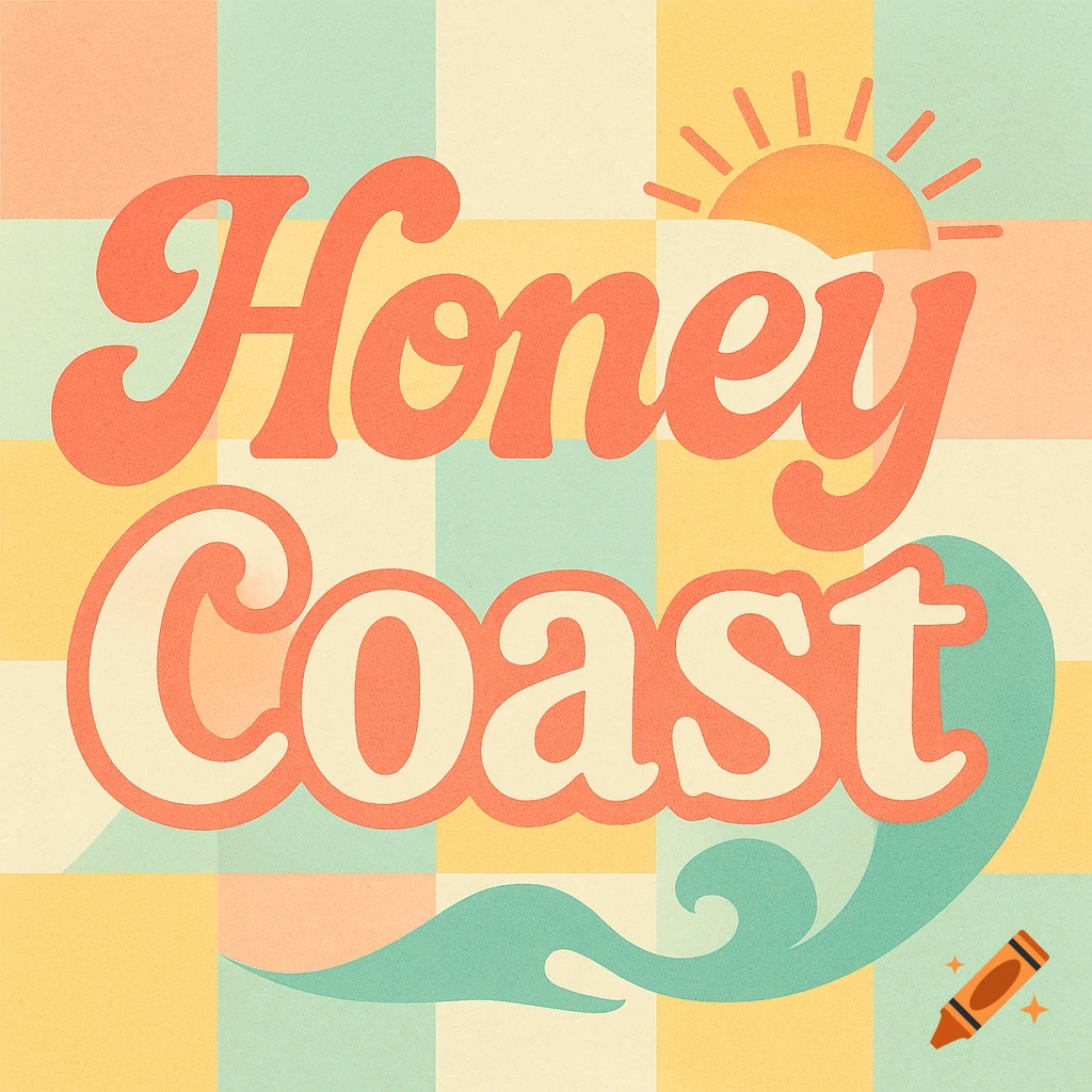 Retro-style logo for 'Honey Coast' with orange text, sun, and wave over a pastel checkerboard background.