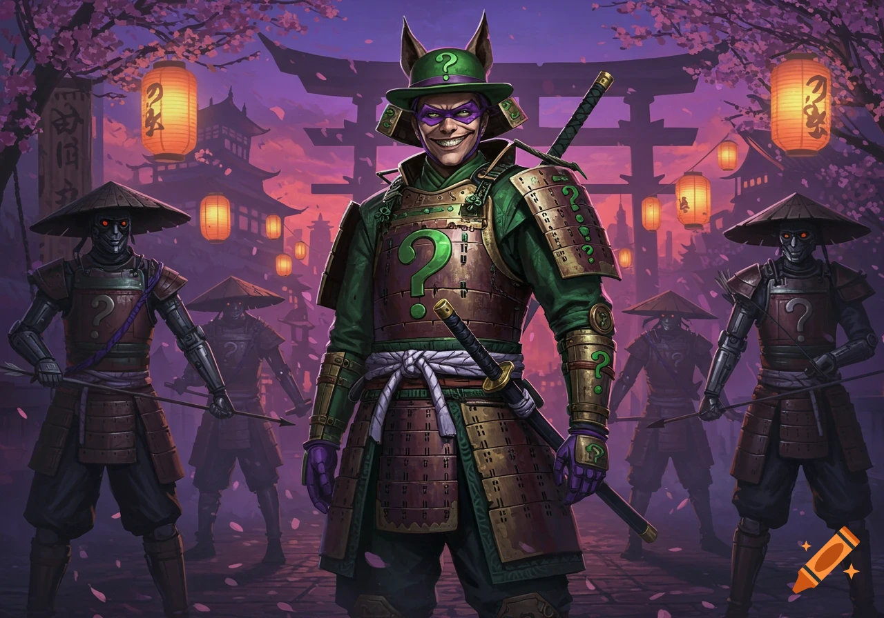 The Riddler in samurai armor stands on a Japanese street with robot samurai guards, cherry blossoms, and lanterns.