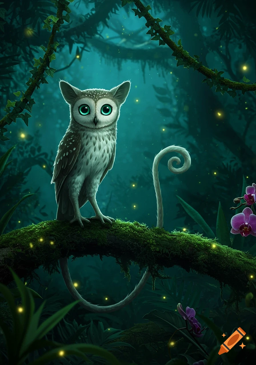 A cute owl-like creature with large green eyes and a curled chameleon tail, perched on a mossy branch in a magical, dark forest with fireflies and orchids.