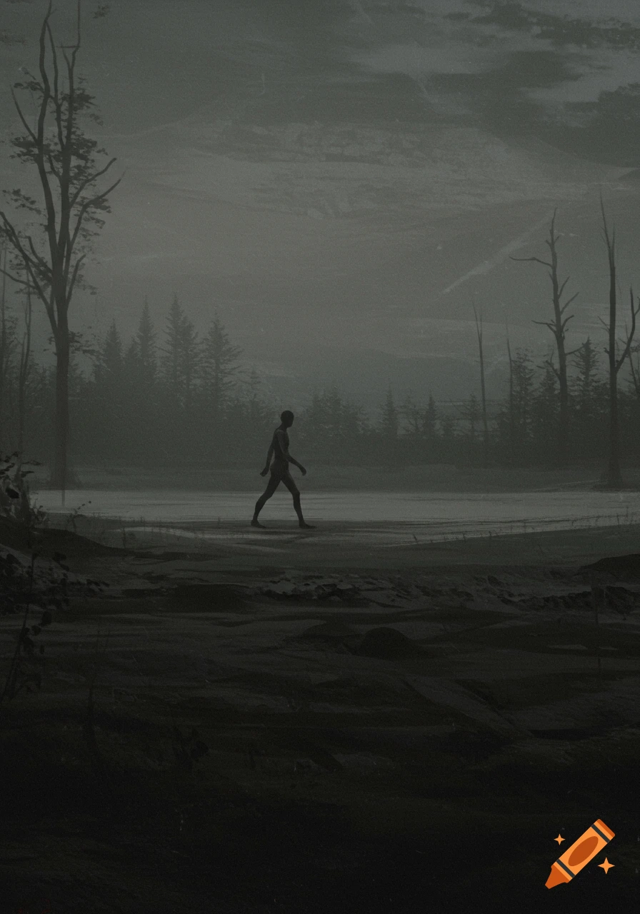 A silhouetted, nude figure walks through a misty, desolate forest landscape in a monochrome, grainy style.