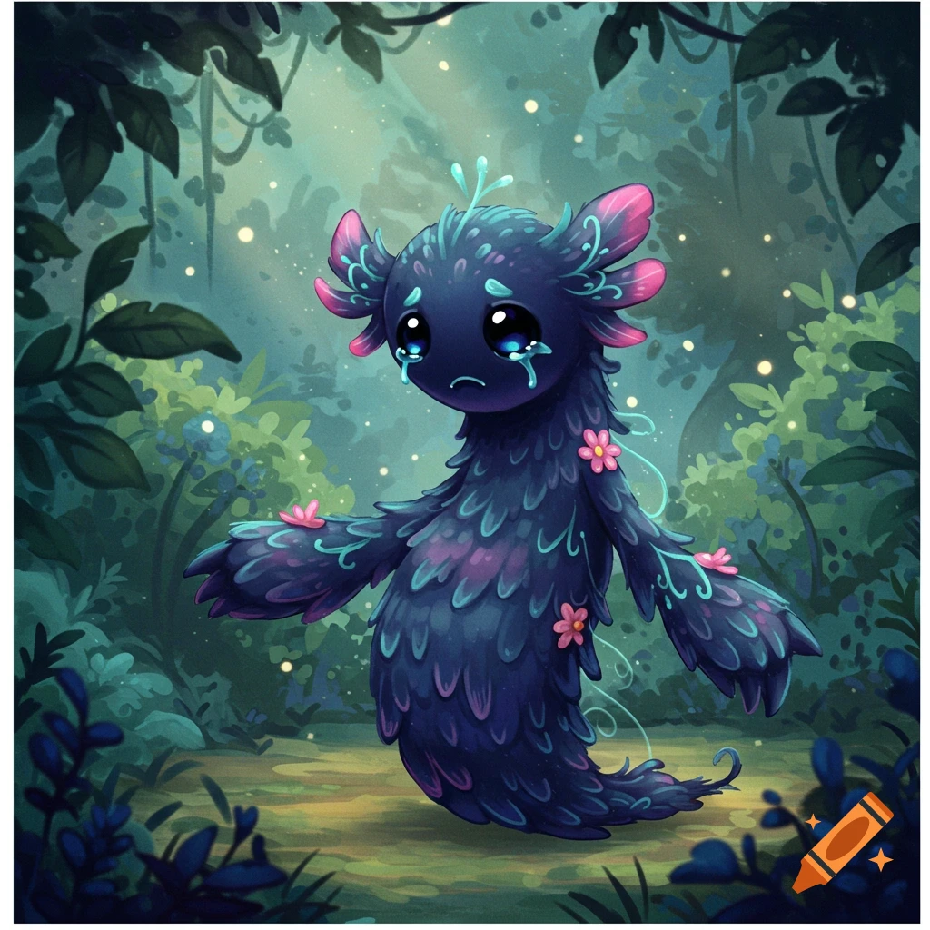 A sad, dark blue furry creature with large, teary eyes and pink and teal accents stands in a whimsical, glowing forest.
