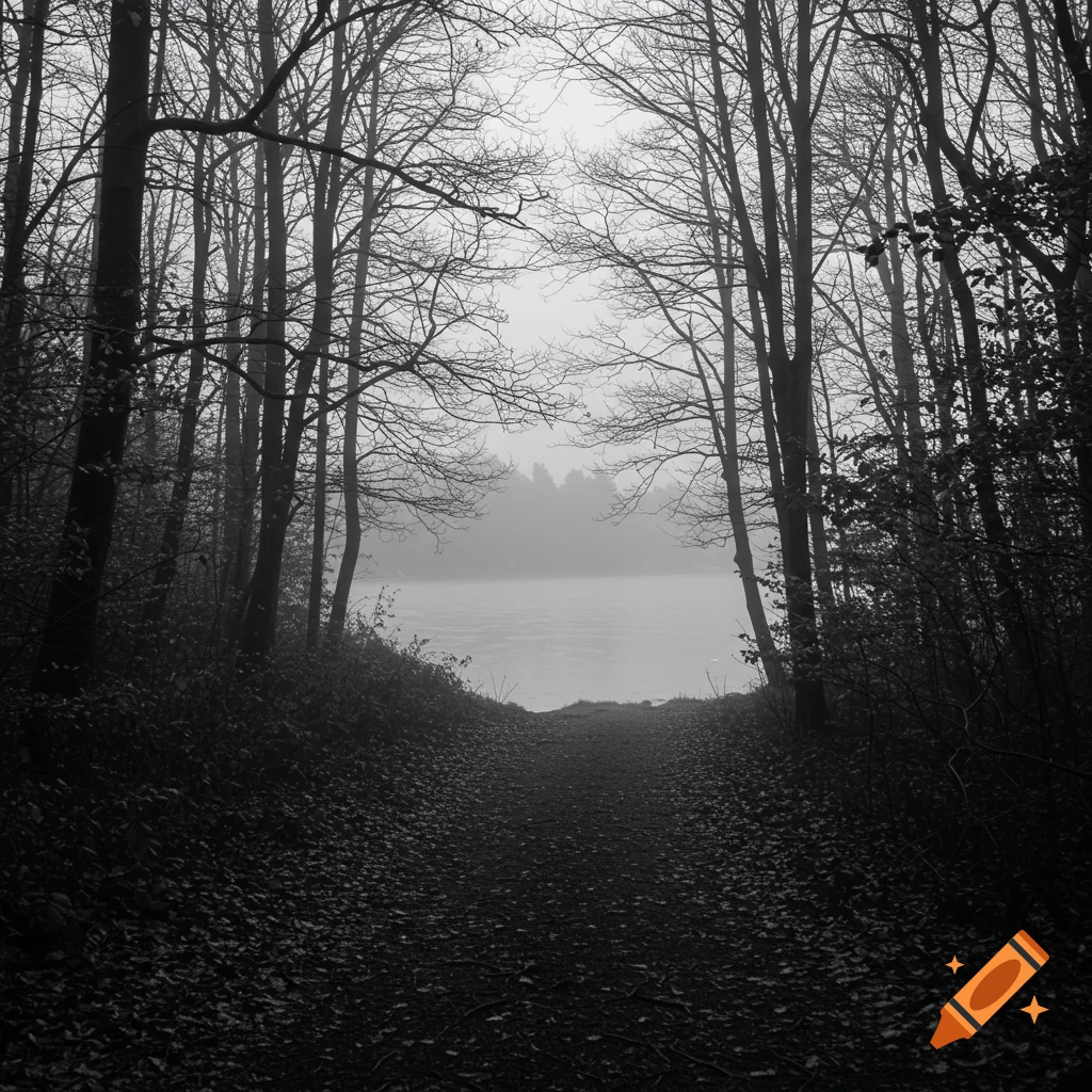 A dark, misty black and white photo of a leaf-covered trail leading through a bare forest to a serene lake.