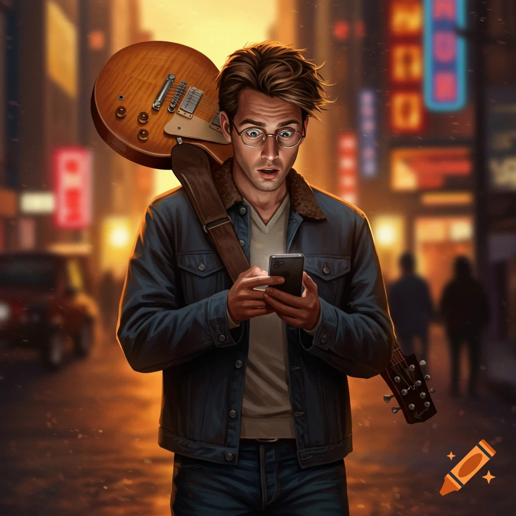 A stylized illustration of a man with a guitar on his back looking perplexed at his phone on a city street at dusk.