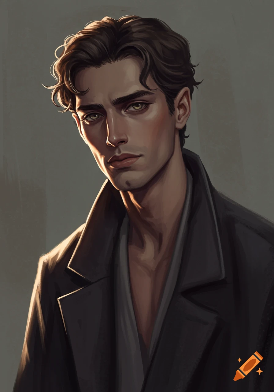 Close-up digital painting of a young man with dark wavy hair, sharp features, and hazel eyes, wearing a dark coat.