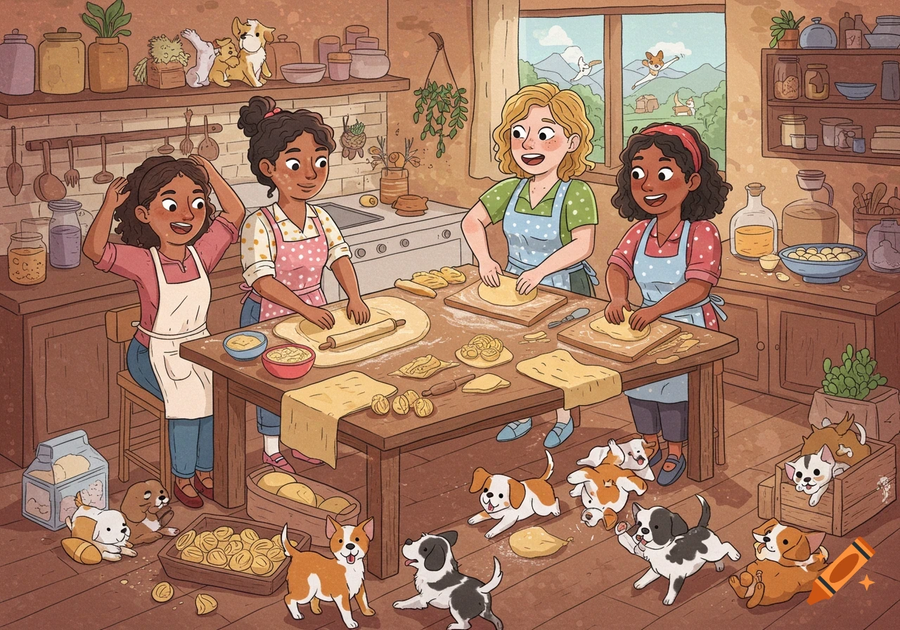 Four women in a rustic kitchen making pasta from scratch while playful puppies mill around their feet. Cartoon style.