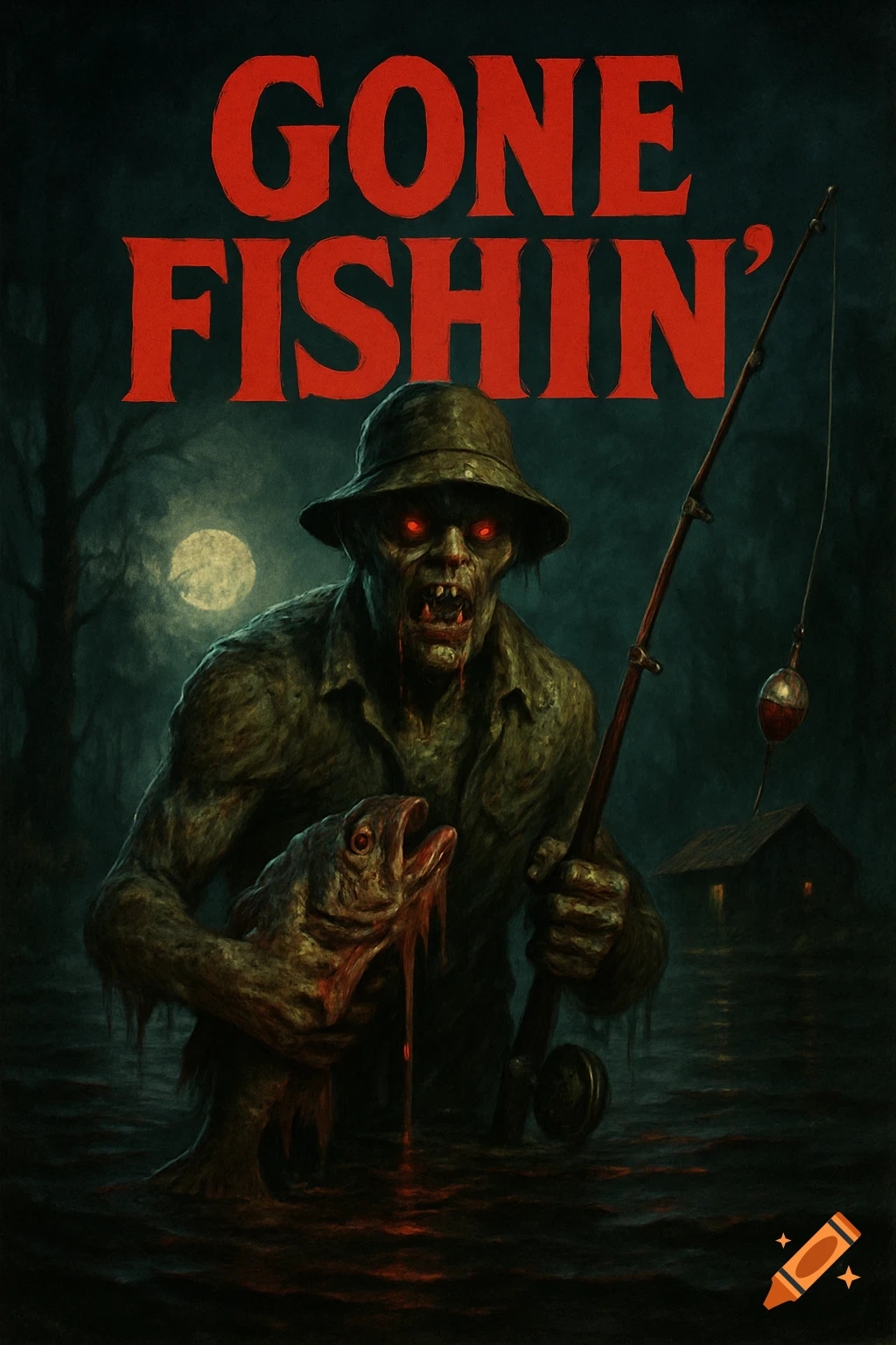 A zombie fisherman with glowing red eyes and bloody fangs holds a bloody fish in a dark, moonlit swamp, with a small cabin and the text 'GONE FISHIN'' above.