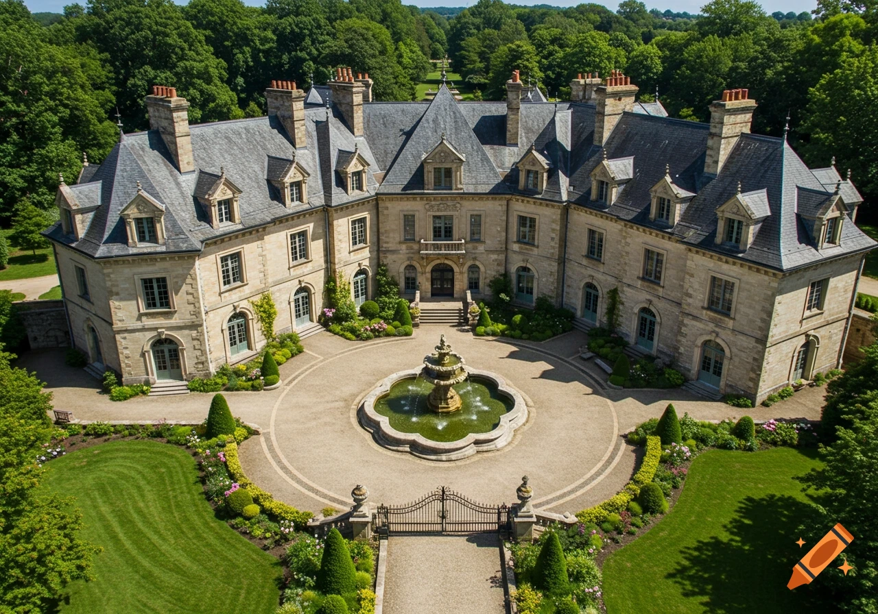 An aerial view of a grand stone mansion with an octagonal courtyard and fountain, surrounded by lush gardens and trees.