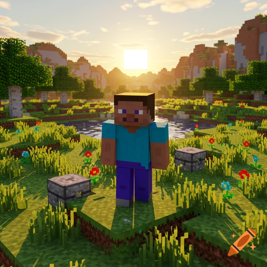 A blocky Steve character from Minecraft stands in a vibrant blocky landscape with a pond and trees, under a bright sunset.