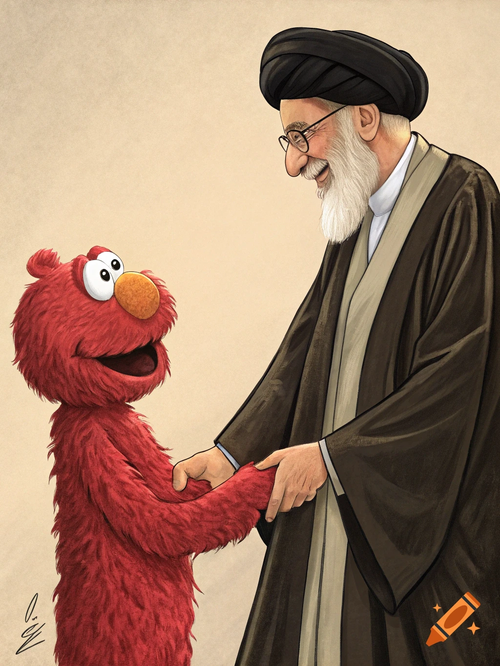 Ayatollah Khamenei smiles and shakes hands with Elmo in an illustrative style.