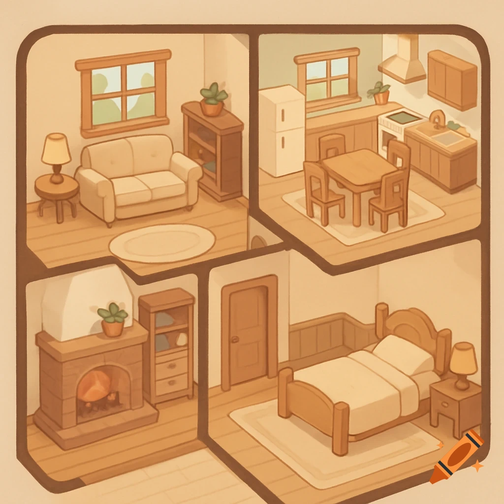 Isometric view of a multi-room cottage interior, featuring a living room, kitchen, and bedroom, in a simple, cell-shaded game art style with soft colors.