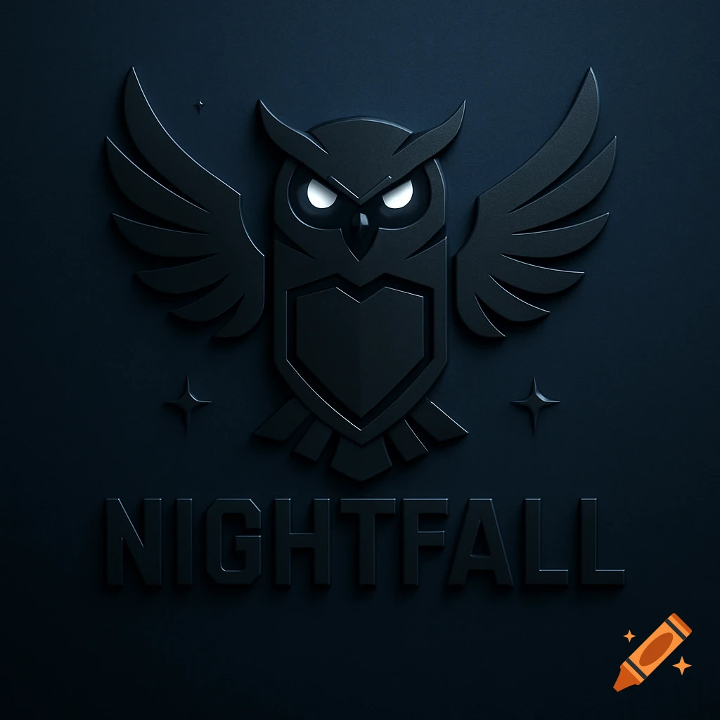A dark, tactical logo featuring a stylized owl with glowing eyes and spread wings above the word 'NIGHTFALL'.