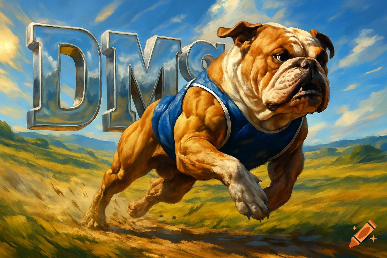 A muscular bulldog in a blue and white uniform runs through a grassy landscape under a blue sky, with large metallic DMS letters in the background.
