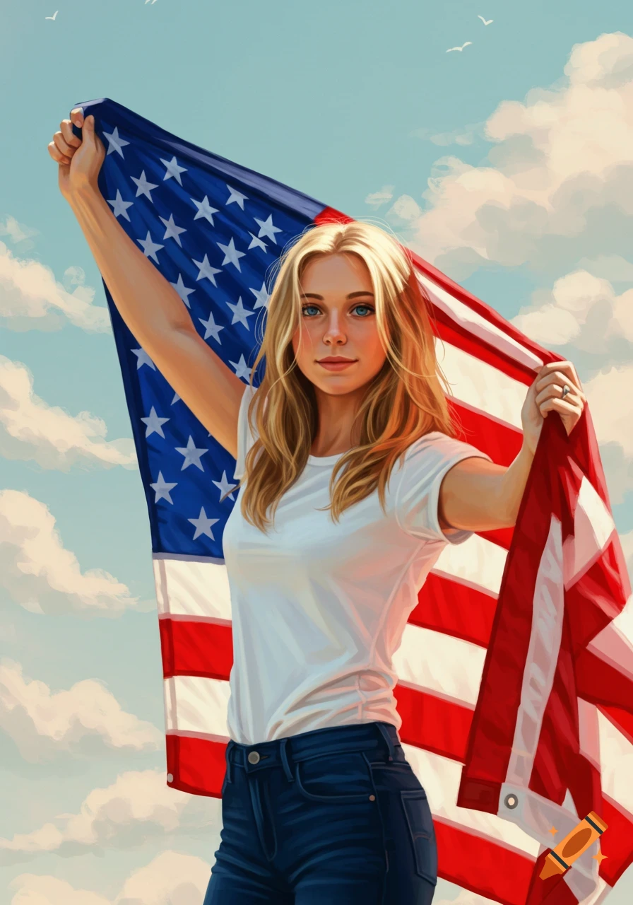 An illustrated portrait of a blonde woman in a white t-shirt and jeans holding an American flag against a bright blue sky.
