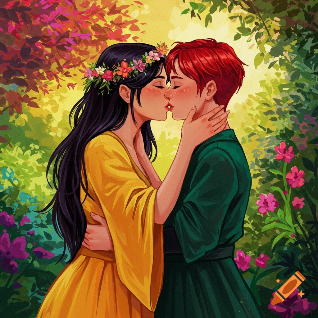 Two women with long hair embrace and kiss in a vibrant, colorful garden in an illustrated style.