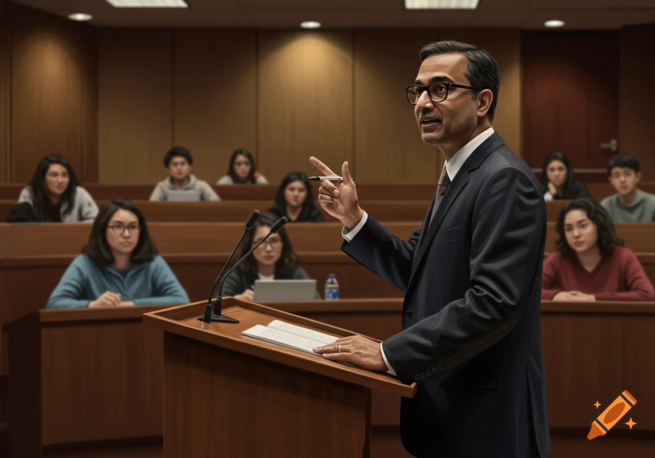 A photorealistic image of a male professor lecturing students from a podium in a lecture hall.