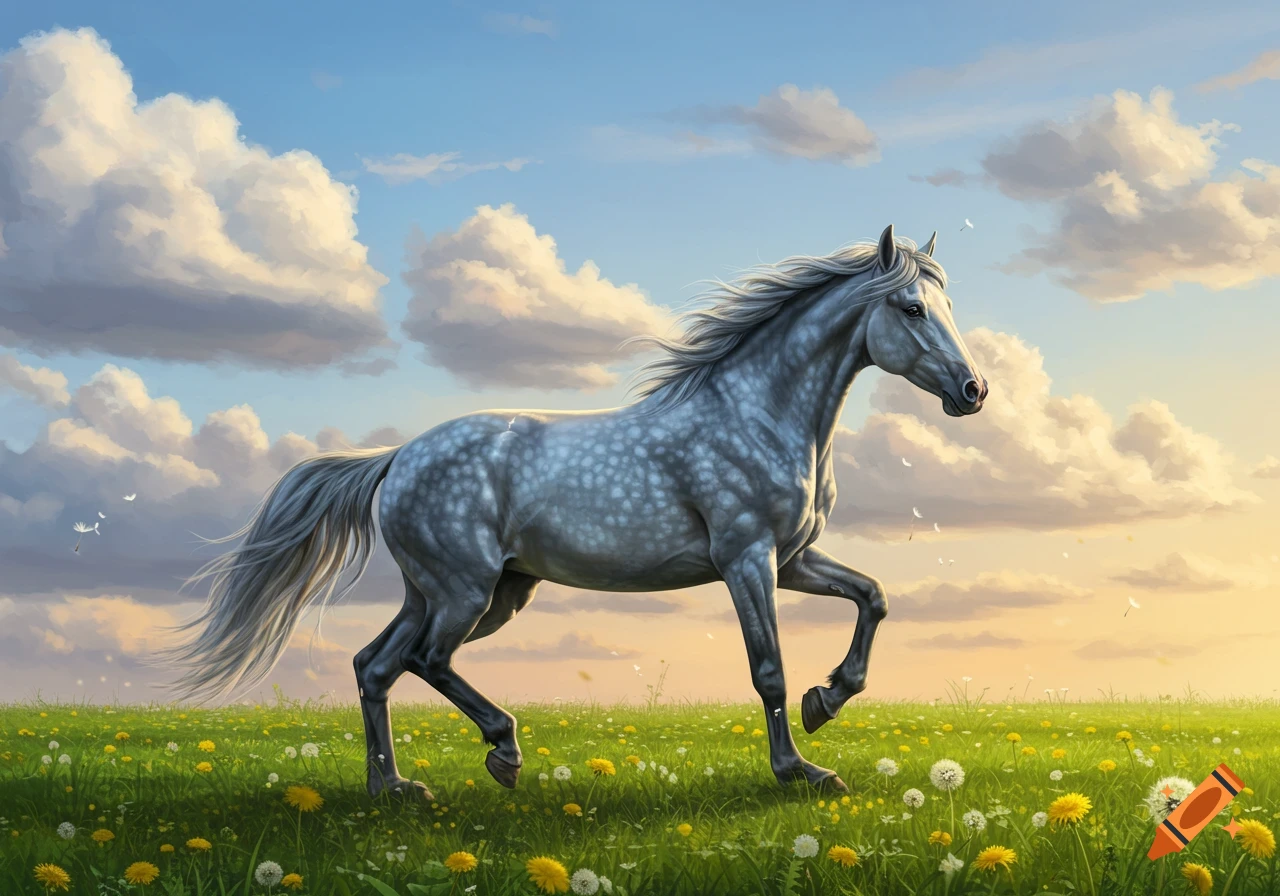 A dappled gray horse trots through a green field filled with yellow and white dandelions under a blue sky with white clouds.