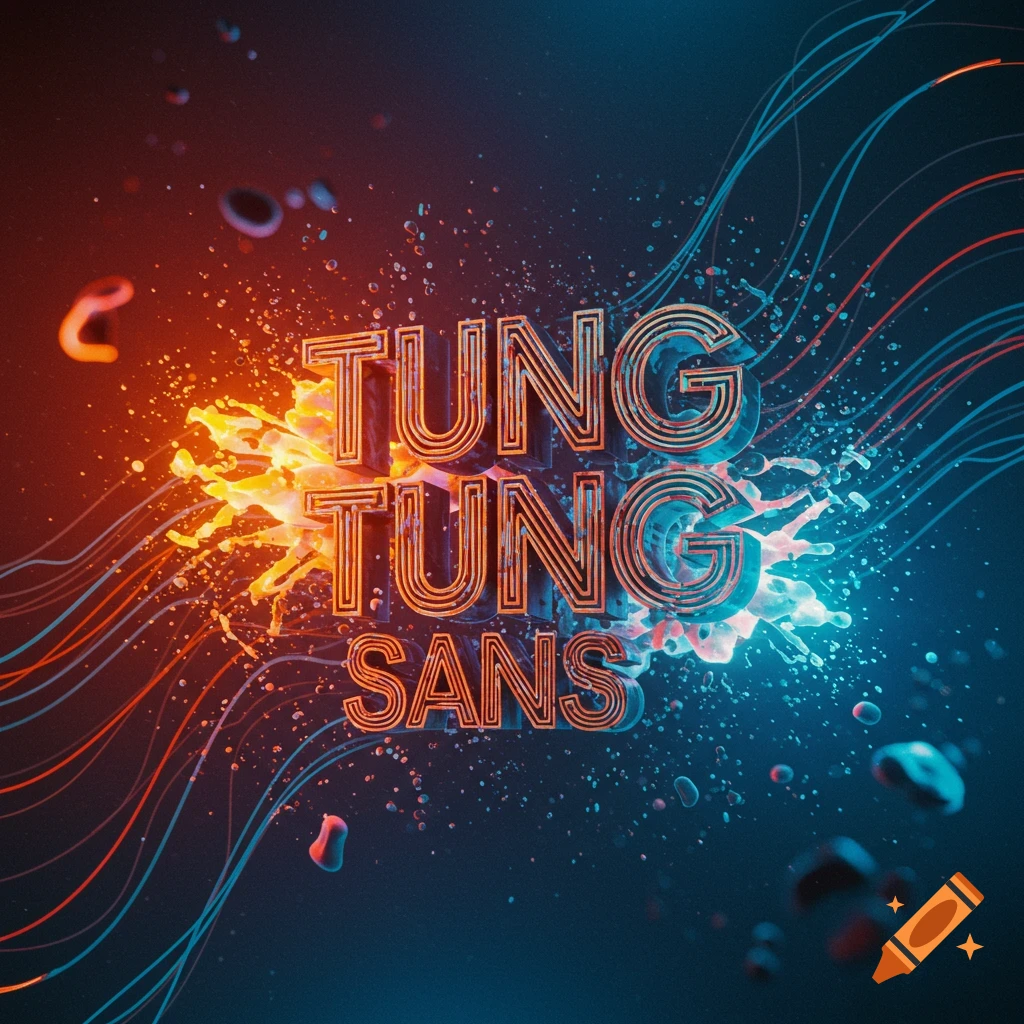 Stylized glowing orange and blue text "TUNG TUNG SANS" amidst liquid splashes and abstract lines.