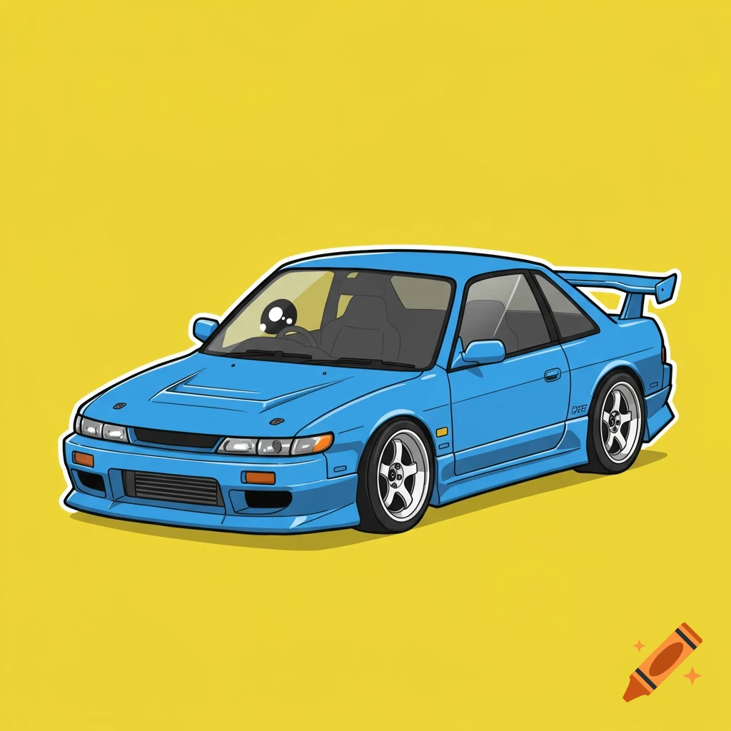 A cute chibi-style cartoon of a blue JDM Nissan Silvia S15 with a spoiler on a solid yellow background.