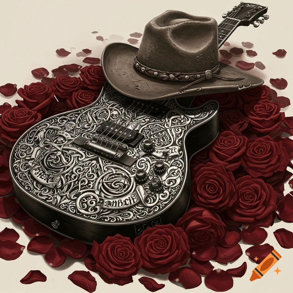 An ornate black and white electric guitar with a cowboy hat resting on it, surrounded by red roses and rose petals.