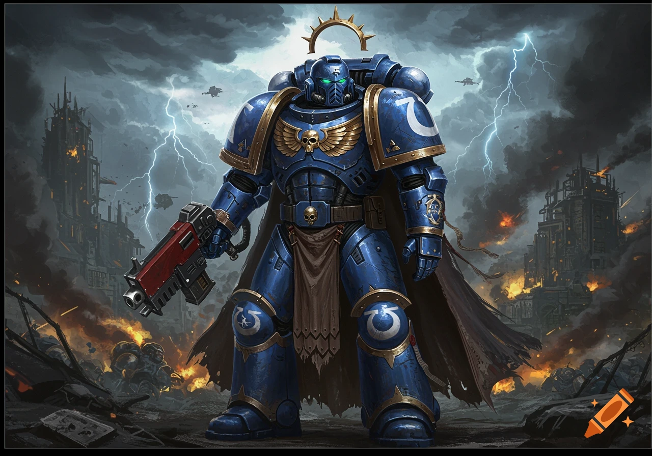 A heavily armored blue Space Marine stands in a ruined, burning city under a stormy sky with lightning.