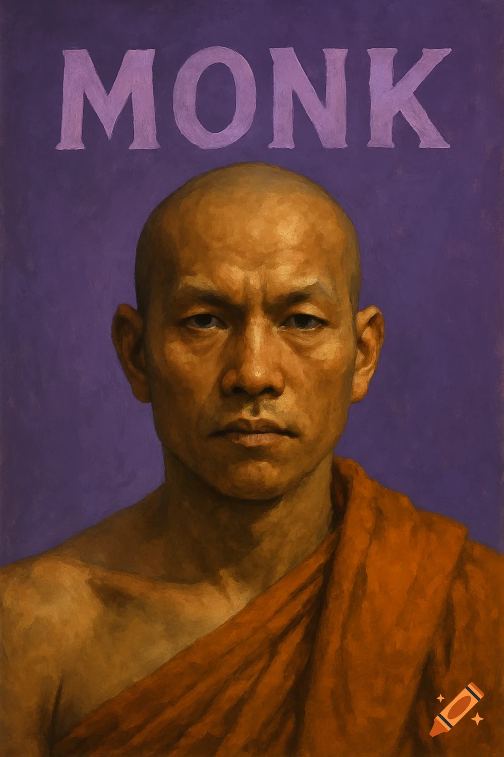 A painterly portrait of a bald man in an orange robe looking forward, with the word 'MONK' in purple above his head.