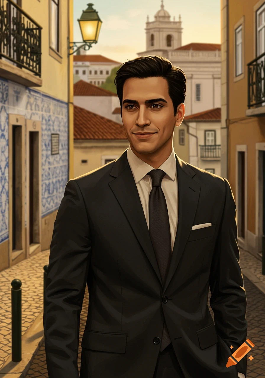 A handsome man in a dark suit smiles faintly while standing on a cobbled street with tiled buildings and a glowing lamppost in an old city.