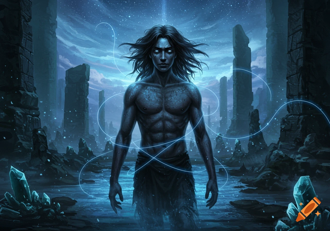 Muscular figure with glowing eyes stands in a mystical ruin under a starry sky, surrounded by blue energy lines and crystals.