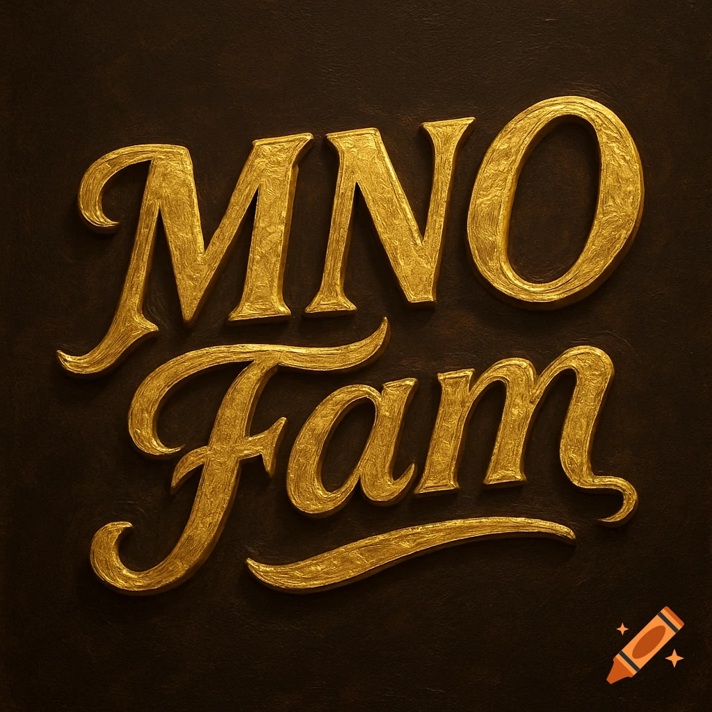 Gold dimensional text "MNO Fam" on a dark background.
