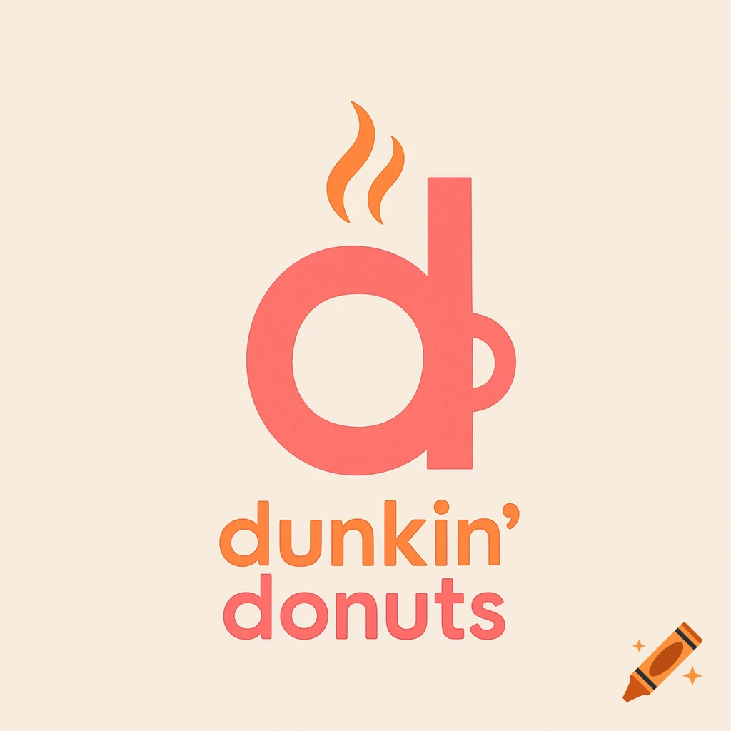 Minimalist logo for Dunkin' Donuts featuring a stylized lowercase 'd' as a coffee cup with steam, and the brand name below.