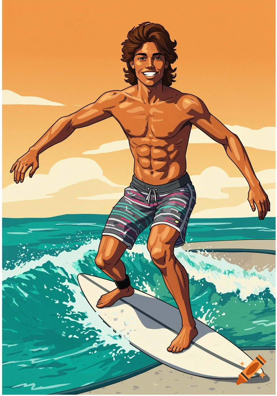 A muscular, tan man with brown hair smiles while surfing a wave on a white surfboard under an orange sky, in a bold illustration style.