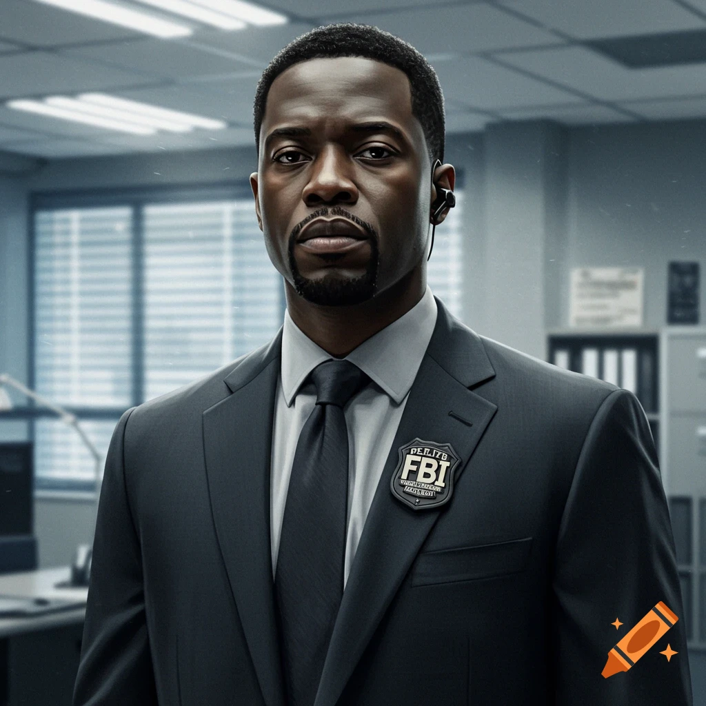 Photorealistic portrait of a Black FBI agent wearing a suit, tie, and earpiece, looking directly at the viewer in an office.