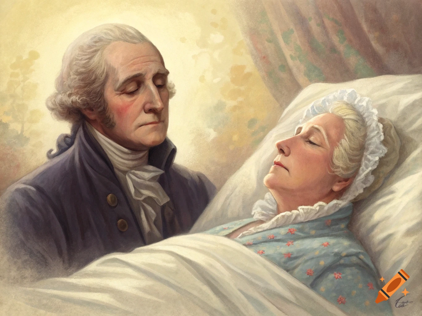 Watercolor painting of George Washington watching over an older woman, likely his mother, on her deathbed.