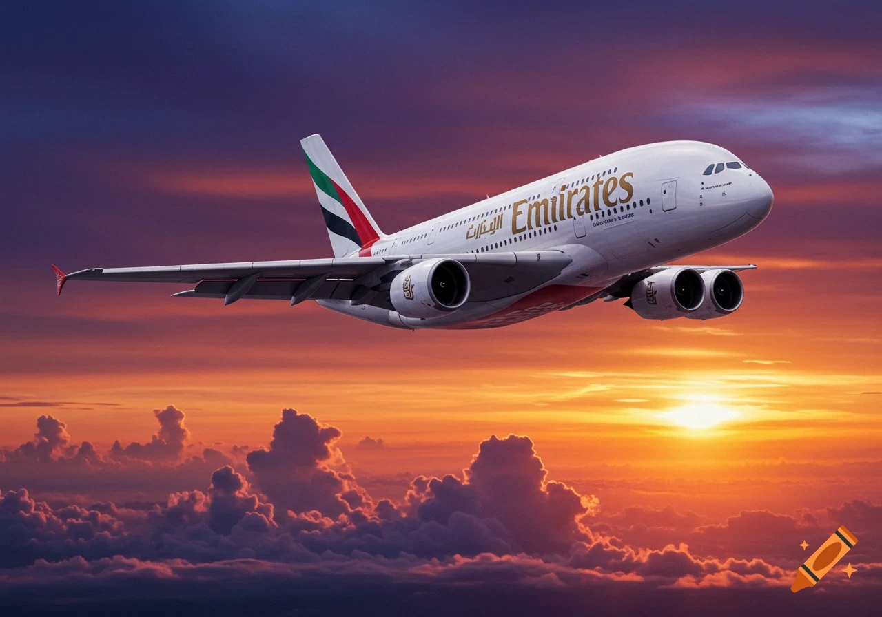 Photorealistic image of an Emirates Airbus A380 flying through a colorful sunset sky above clouds.
