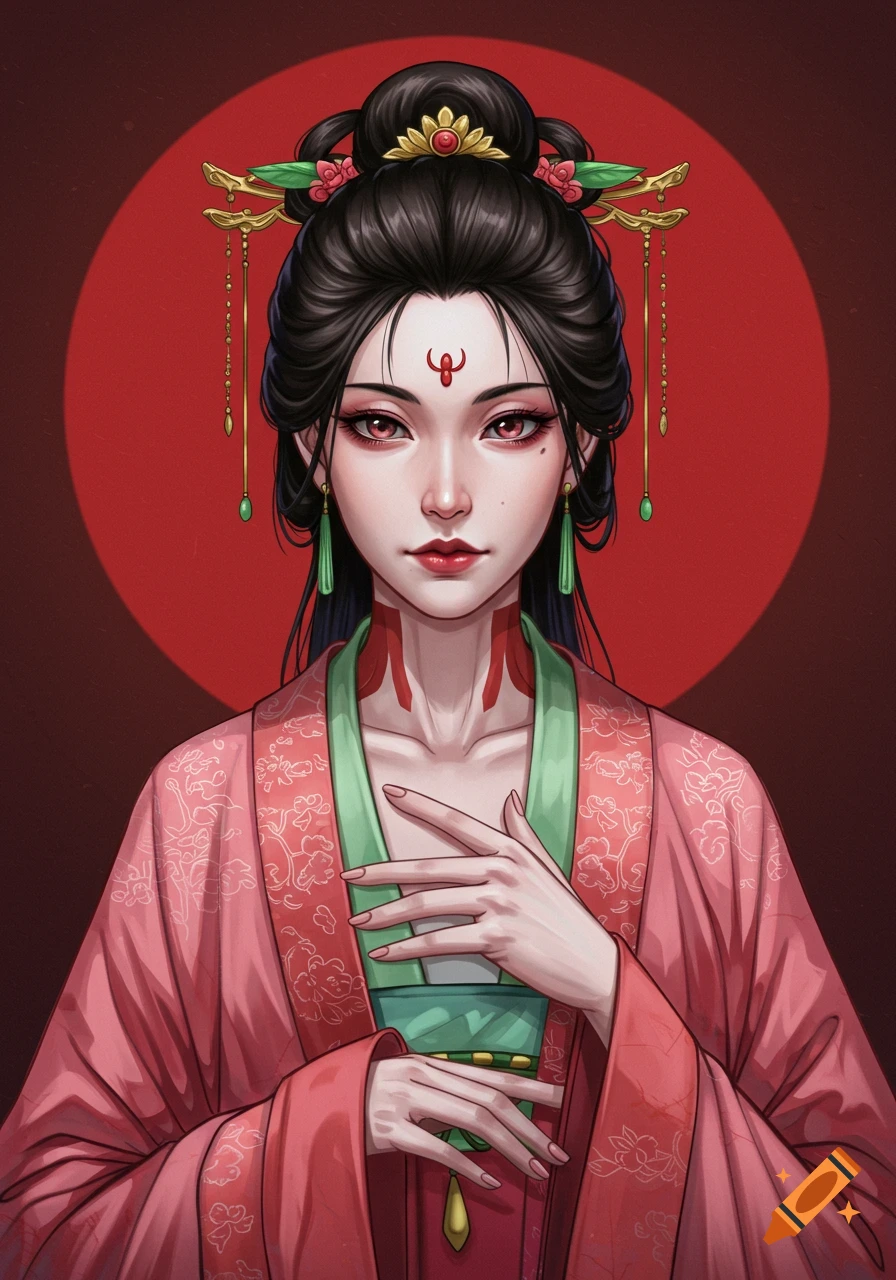 A semi-realistic illustration of an ancient Chinese demon woman with red eyes and a forehead mark, in a pink robe.