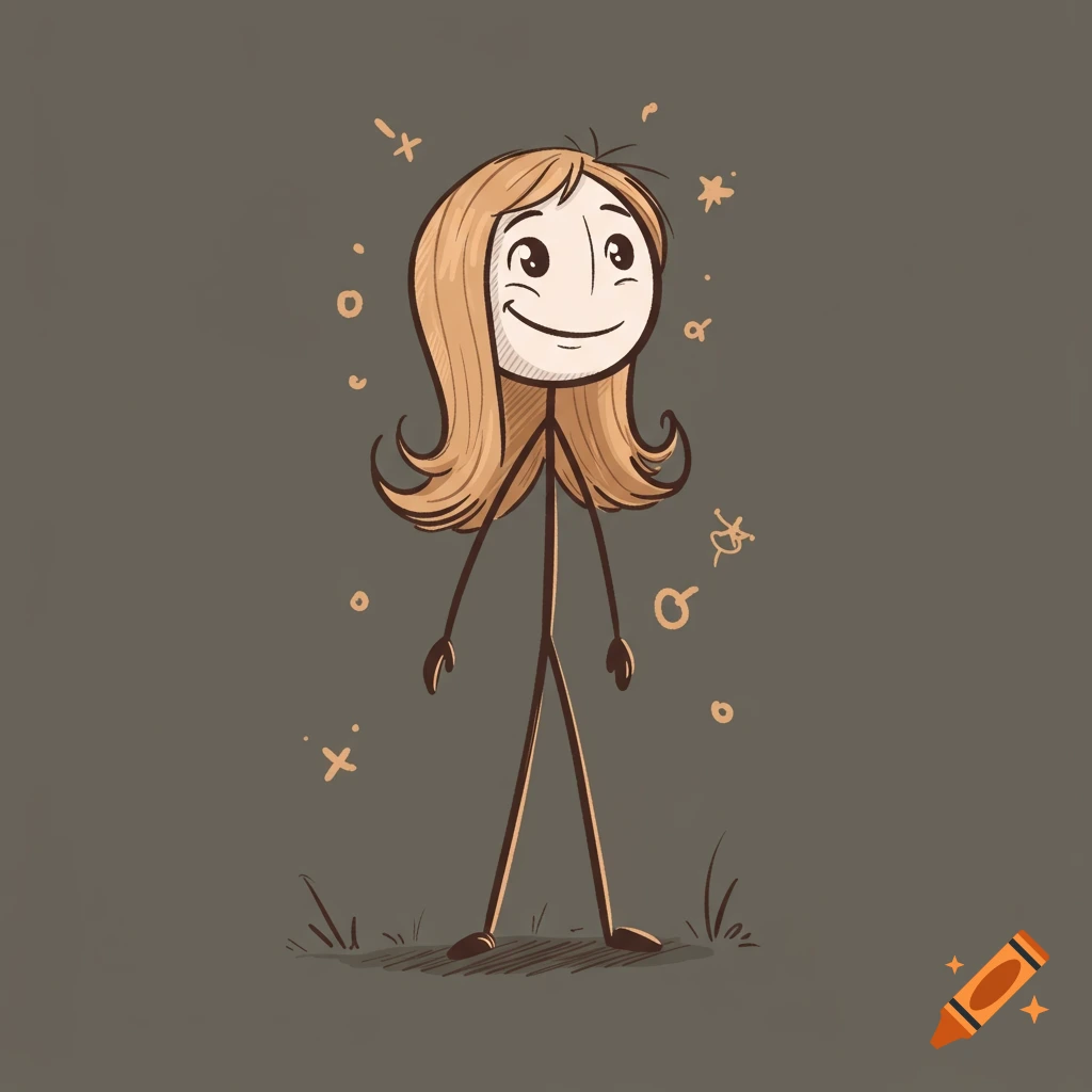 A smiling stick figure with long, light brown hair stands against a dark background, surrounded by small abstract symbols.