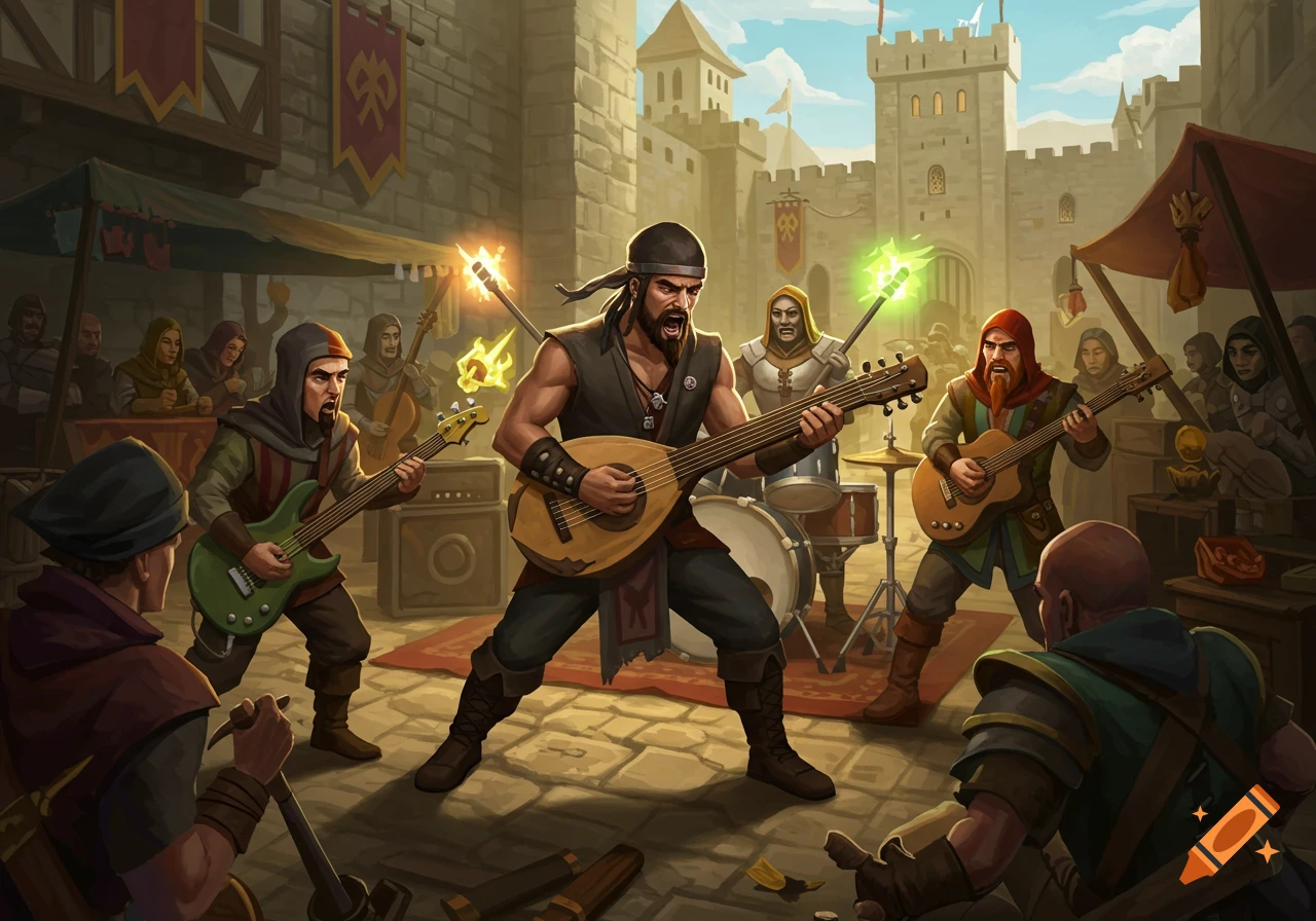 A medieval fantasy band performs enthusiastically in a bustling market square with a castle in the background.
