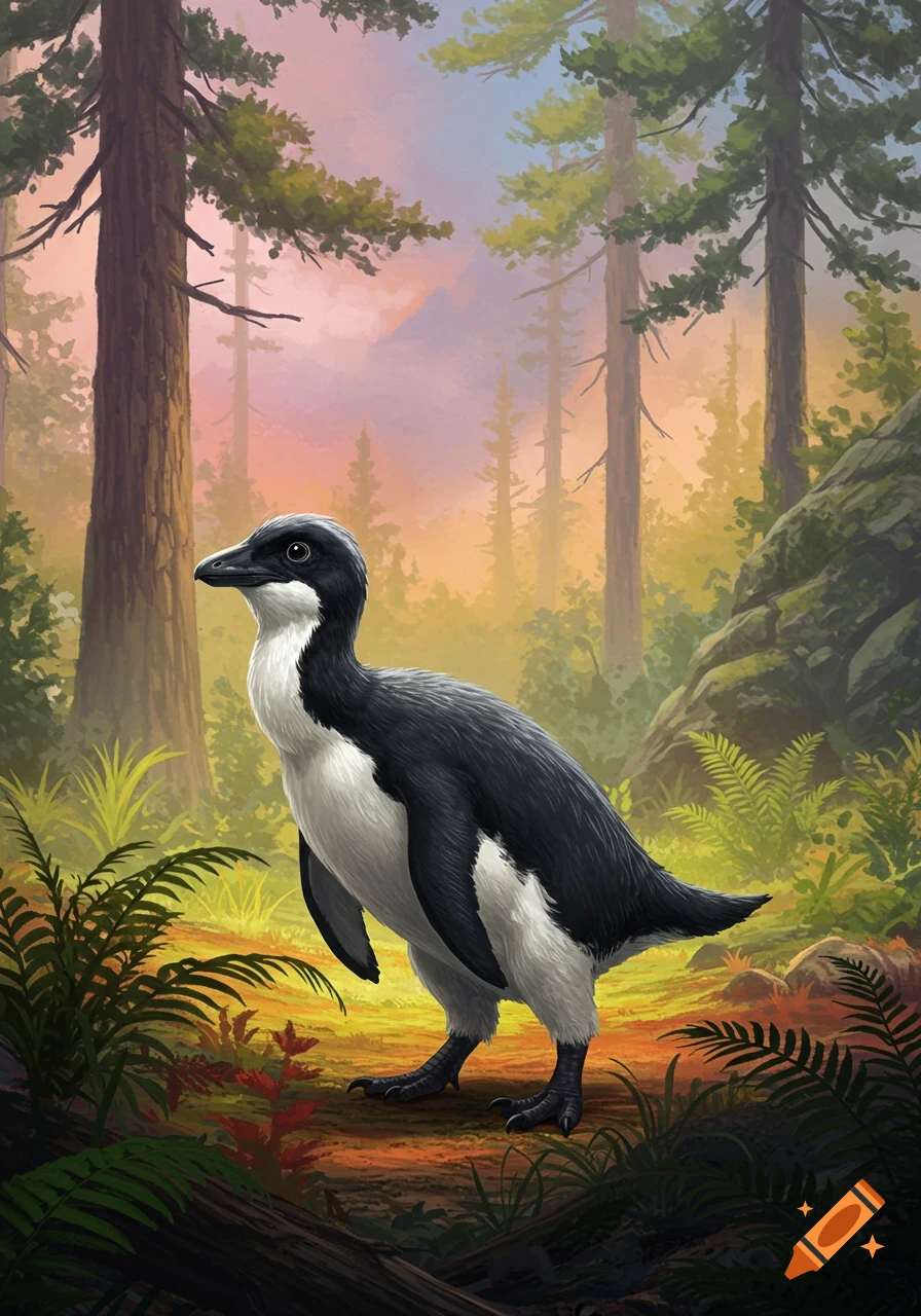 A black and white penguin-like dinosaur standing in a lush prehistoric forest with tall trees and ferns at sunset.
