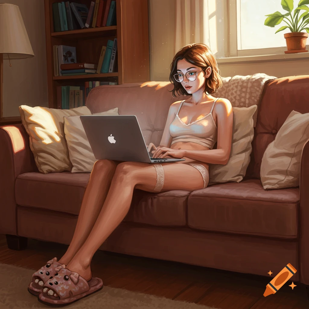 An illustrated woman with glasses in underwear and slippers sits on a couch using a laptop in a warmly lit room.