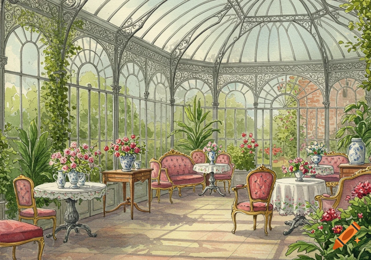 A Victorian-inspired conservatory in an English manor house, rendered in a watercolor style, featuring elegant furniture, potted plants, and blooming flowers.