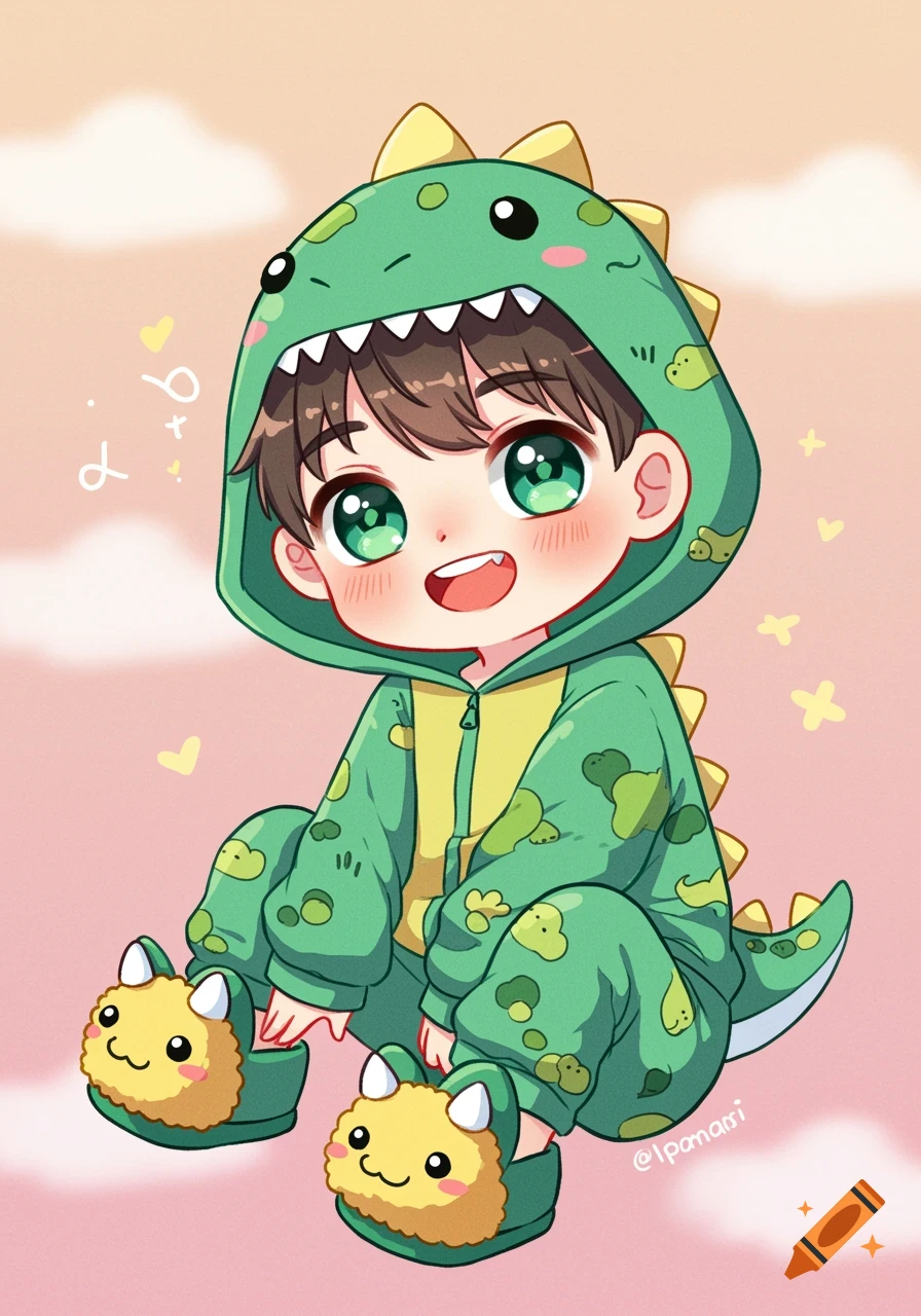 Chibi boy in a green dinosaur pajama suit with yellow dinosaur slippers, sitting on a pink background with clouds in an anime style.